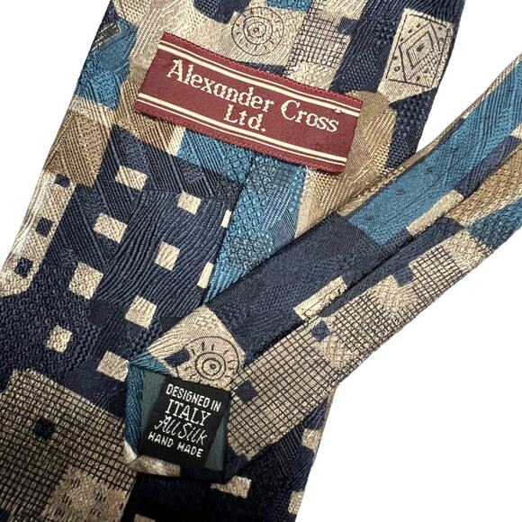 Alexander Cross Ltd. Neck Tie Blue Tan All Silk Men's Suit Accessories Formal 4" - Picture 5 of 8